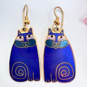 Vintage Laurel Burch “Olivia” Blue Cat Dangle Earrings Cloisonné Artist Signed
